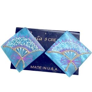 Vintage 80s Blue & Purple Abstract Square Earrings | Hand Painted Gold Glitter